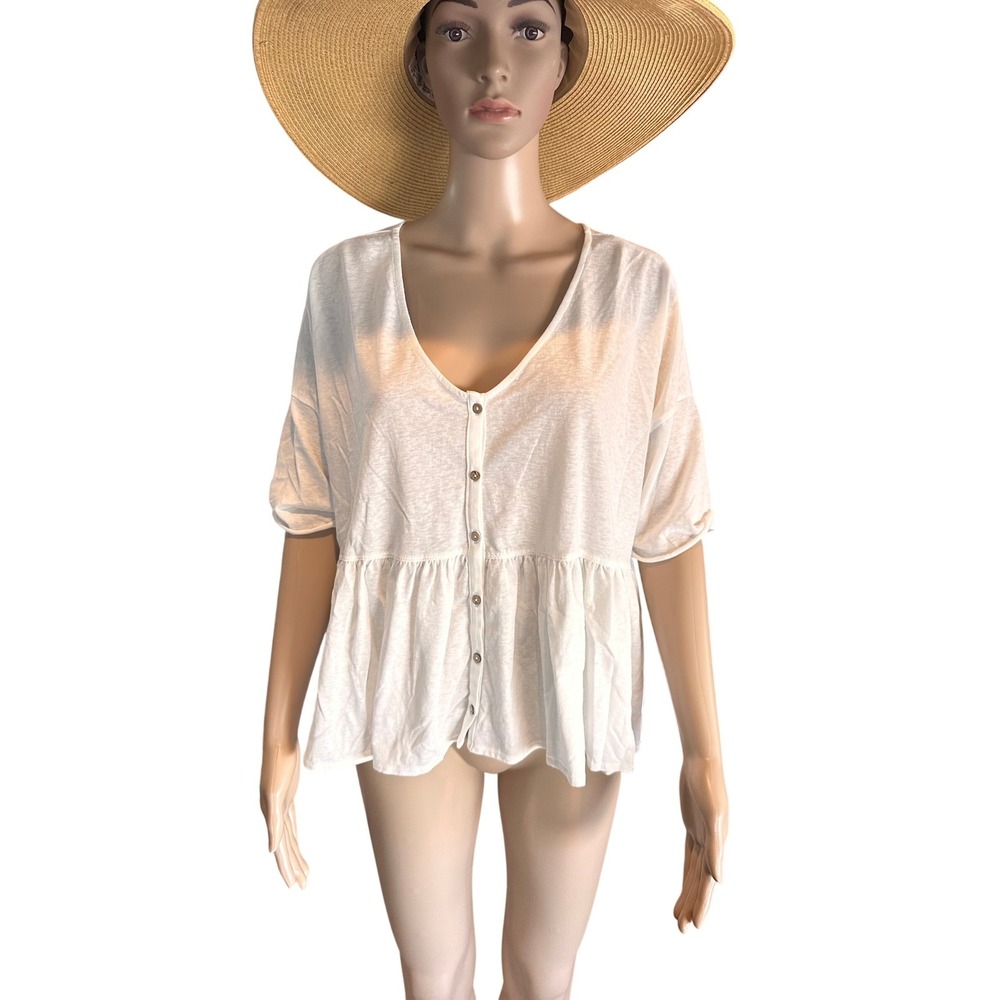 Hyfve Womens White Button Front Peplum Babydoll‎ Top V-Neck Short Sleeve Medium